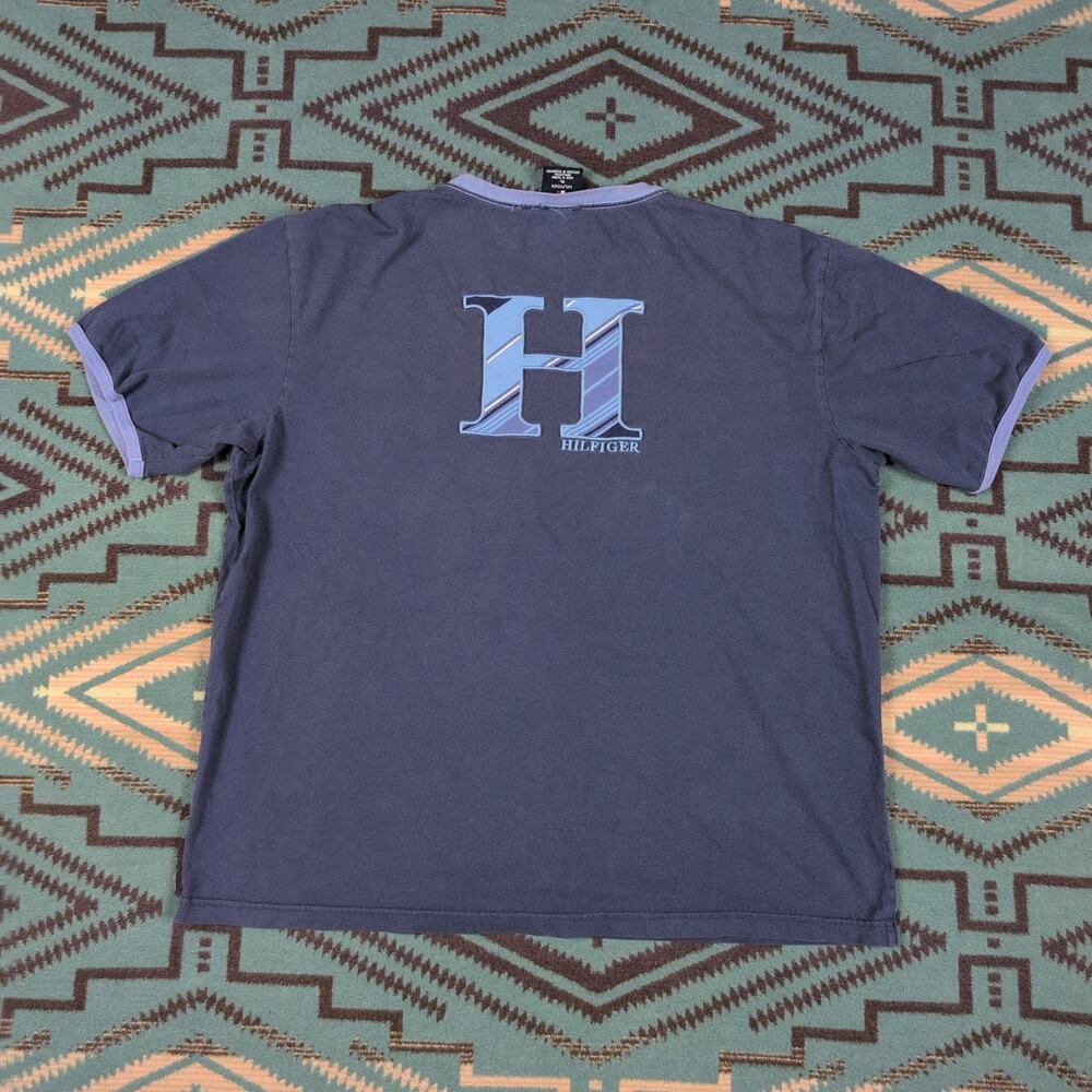 Vintage Tommy Hilfiger Ringer T Shirt XL Y2K 2005 Big H Embroidered Logo Blue